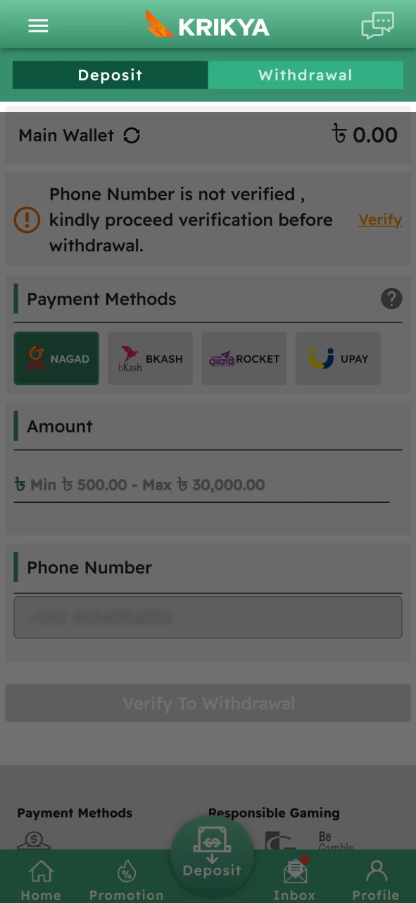 Click on withdrawal tab for start withdrawing funds.